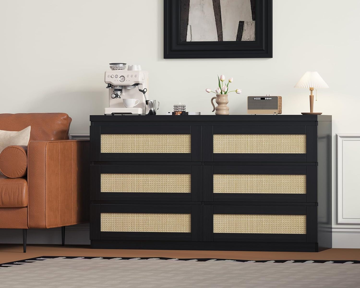 Rattan Dresser for Bedroom, Modern 6 Drawer Double Dresser for Bedroom, Wide Wood Chest of Drawers for Bedroom, Living Room, Hallway, Black