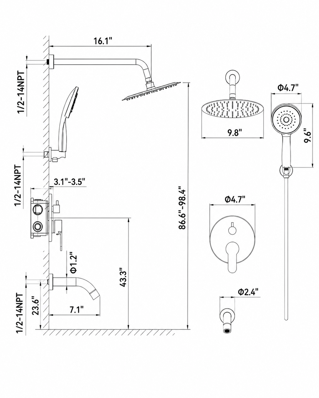 Shower System with Tub Spout, Shower Faucet Set with 10-Inch Rain Shower Head, Handheld Shower Head and Shower Faucet Trim Valve, Wall Mounted Bathroom Shower Combo Set, Matte Black