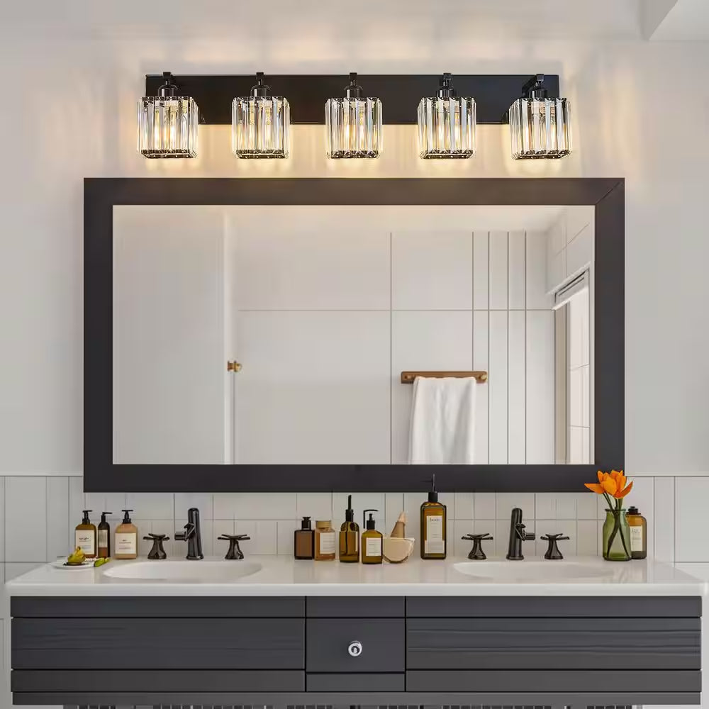 Home Lighting 36.22 In. 5-Light Plating Black Crystal Modern Bathroom Vanity Light Bathroom Wall Light Fixtures
