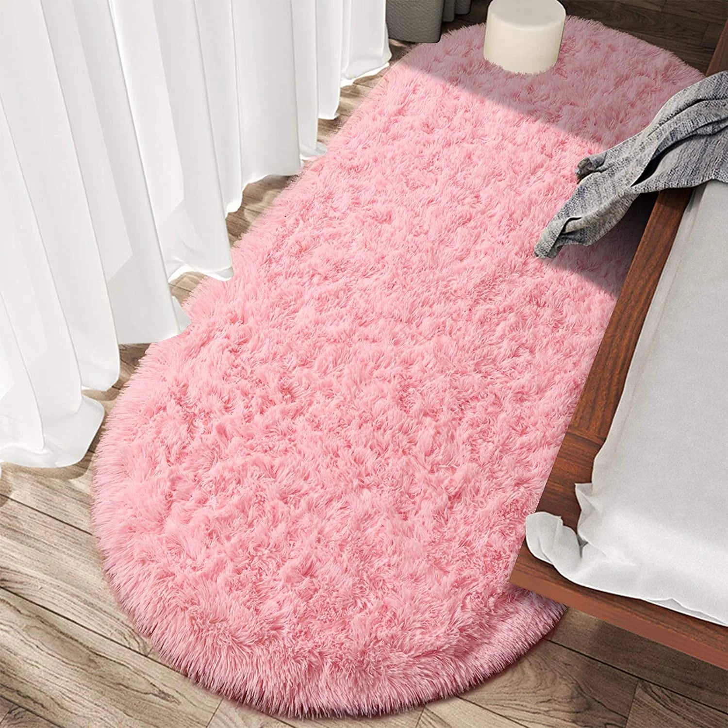 Oval Fluffy Area Rugs for Bedroom Plush Shaggy Carpet for Kids Room Bedside Nursery Mats, 2.6' X 5.3',Pink