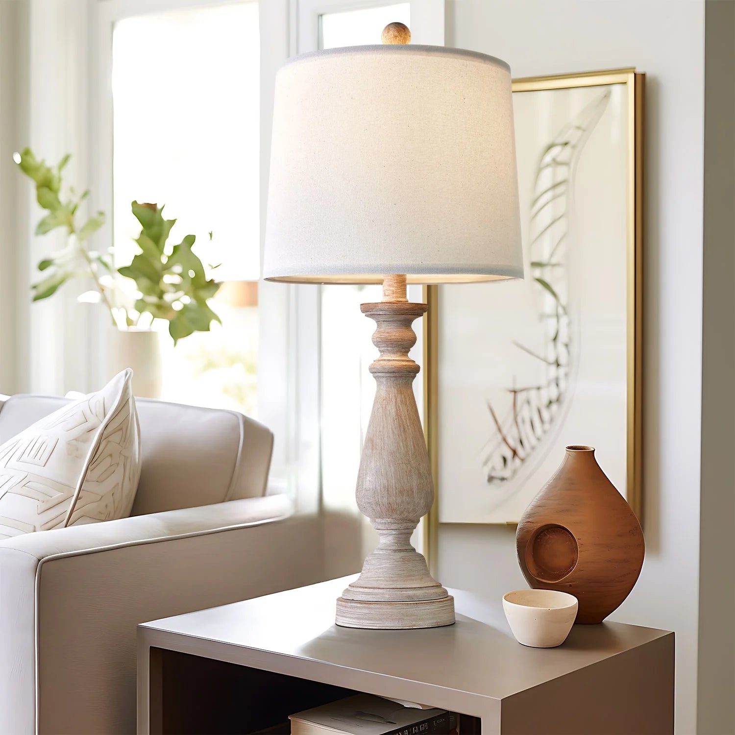 Resin Table Lamp Set of 2 24.5" Farmhouse Bedside Nightstand Lamps for Living Room Bedroom