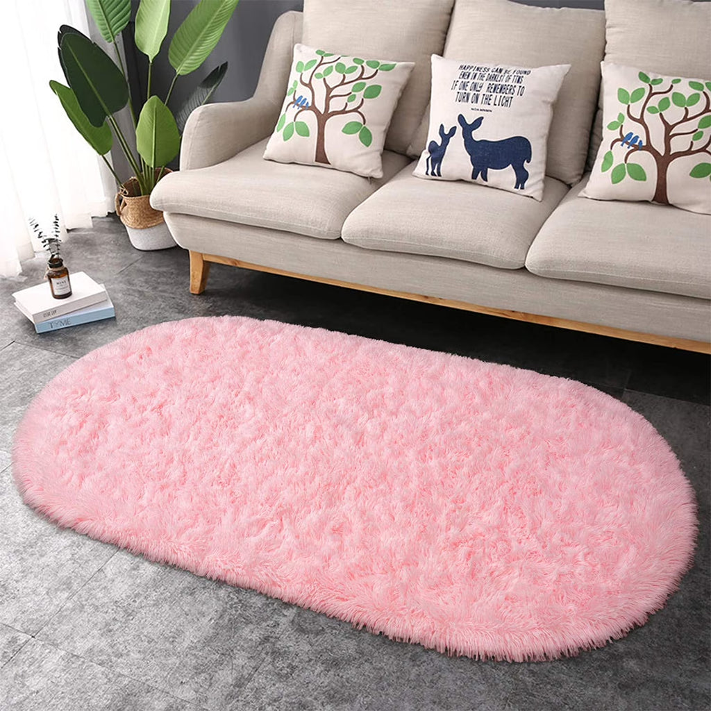 Oval Fluffy Area Rugs for Bedroom Plush Shaggy Carpet for Kids Room Bedside Nursery Mats, 2.6' X 5.3',Pink