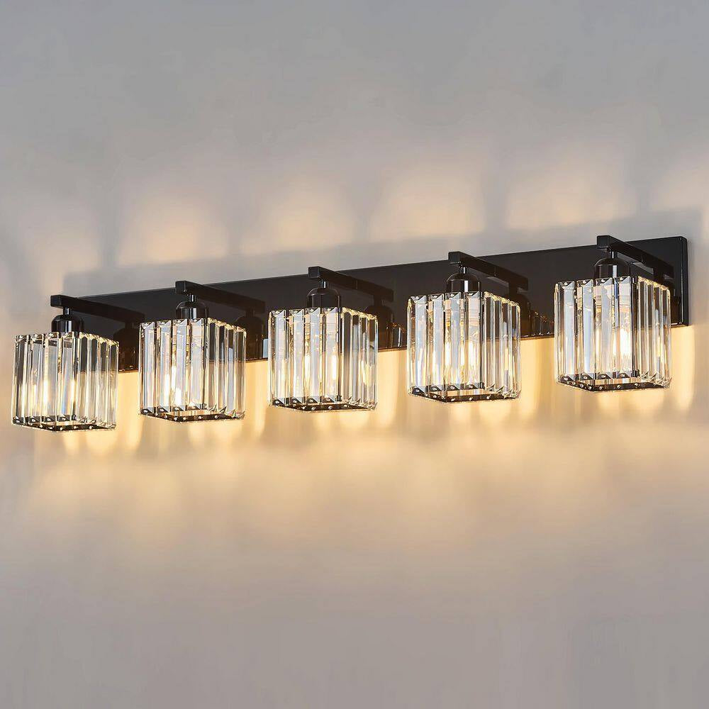 Home Lighting 36.22 In. 5-Light Plating Black Crystal Modern Bathroom Vanity Light Bathroom Wall Light Fixtures