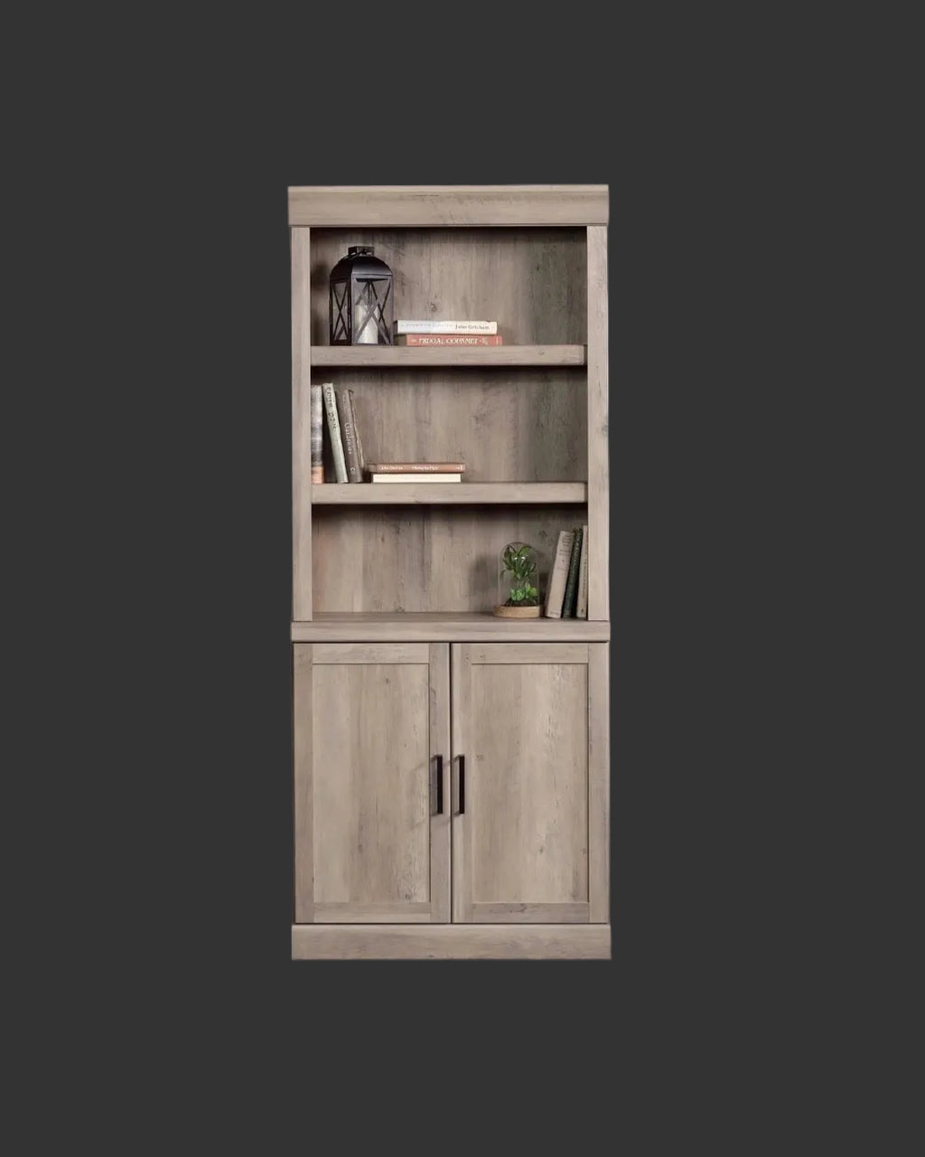 5 Shelf Bookcase with Doors, Rustic Gray Finish