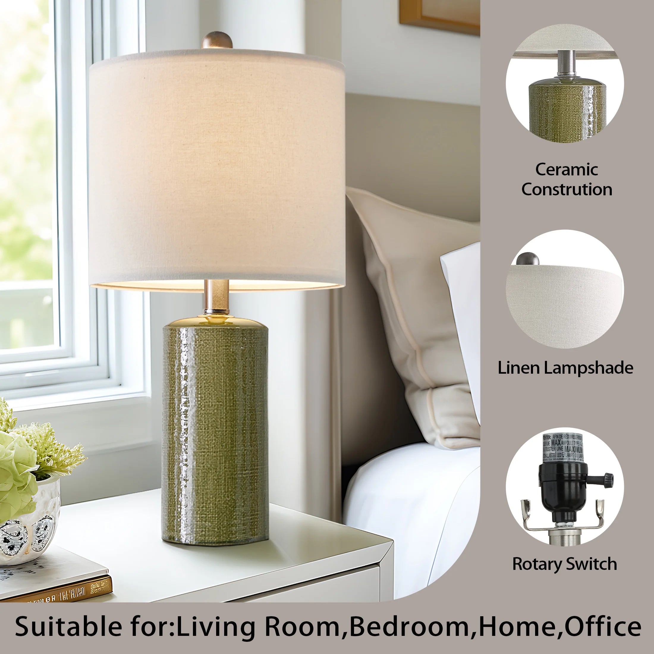 Modern Table Lamp Set of 2 for Living Room 20.25" Farmhouse Green Ceramic Bedside Nightstand Lamps for Bedroom
