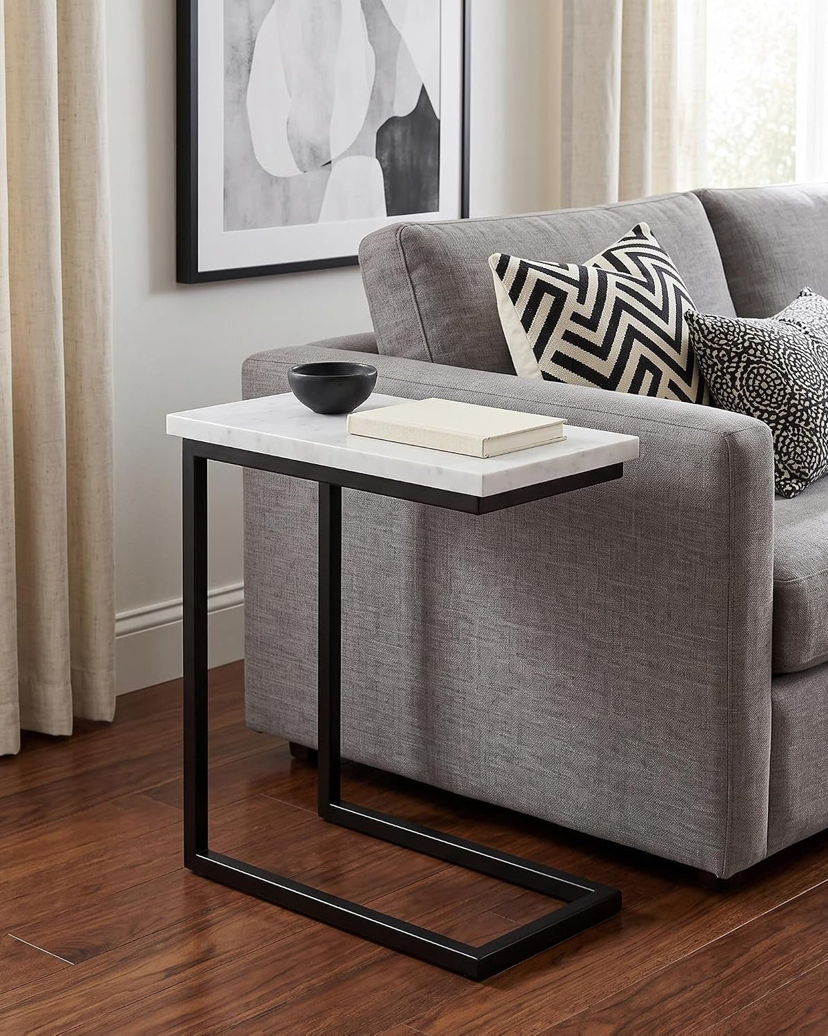 Skyler Metal Table - 18" Wide X 24" High Solid Metal C-Side Table with Genuine White Marble Top, Contemporary Accent End Table for Living Room or Home Office with Slide-Under Design