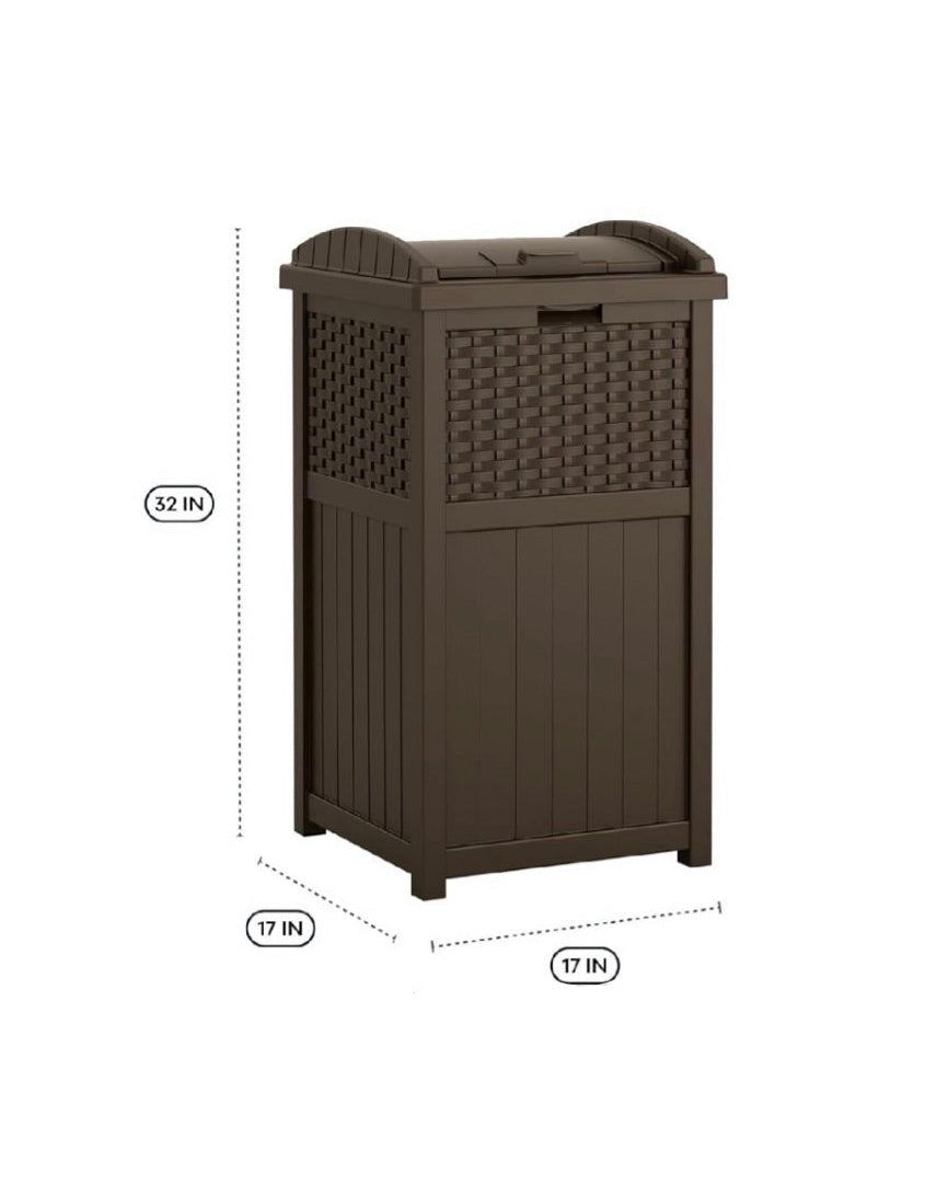 Suncast 33 Gallon Commercial Outdoor Trashcan Hideaway with Lid for 30 to 33 Gallon Trash Bags for Garage, Backyard, or Garden, Brown