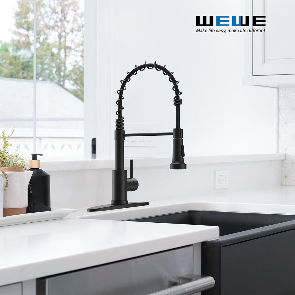 Kitchen Faucets with Pull down Sprayer Commercial Industrial Stainless Steel Single Handle Single Hole Spring Farmhouse RV Sink Faucet, Matte Black Kitchen Faucet for Laundry Utility Room Sink