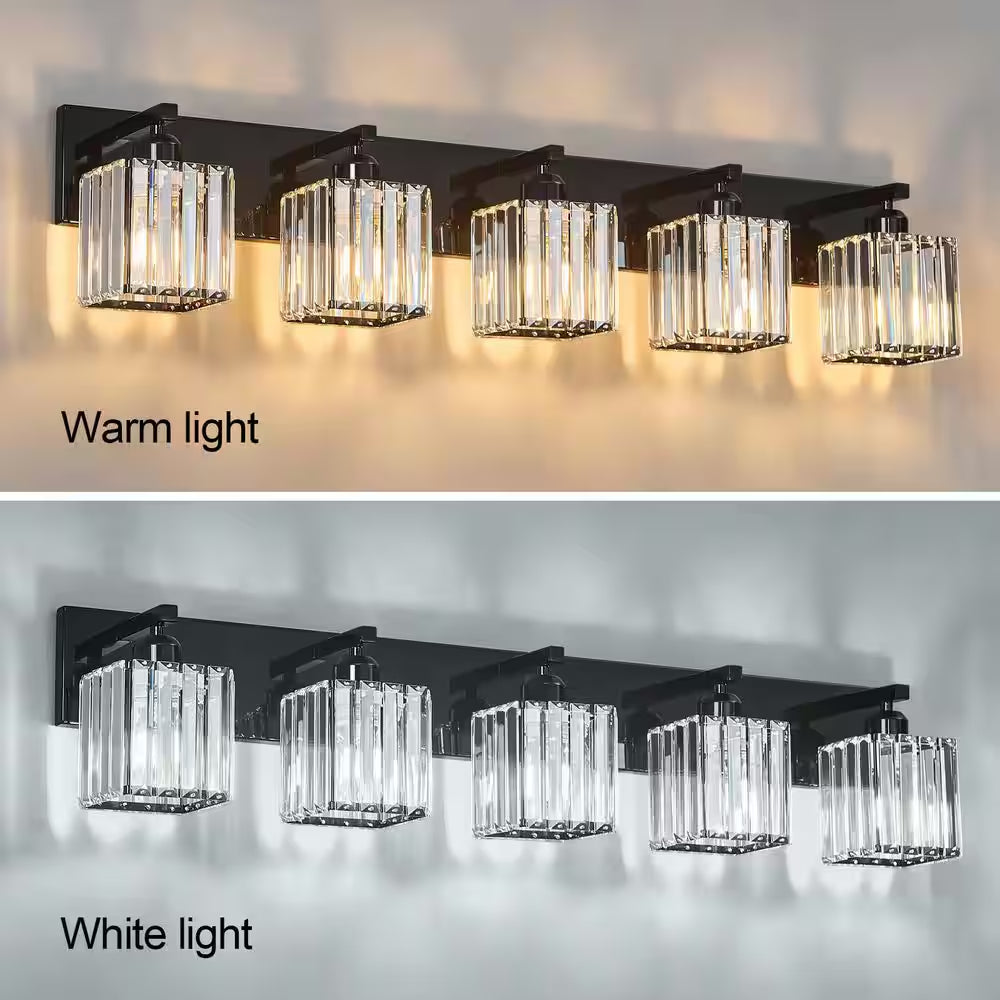 Home Lighting 36.22 In. 5-Light Plating Black Crystal Modern Bathroom Vanity Light Bathroom Wall Light Fixtures
