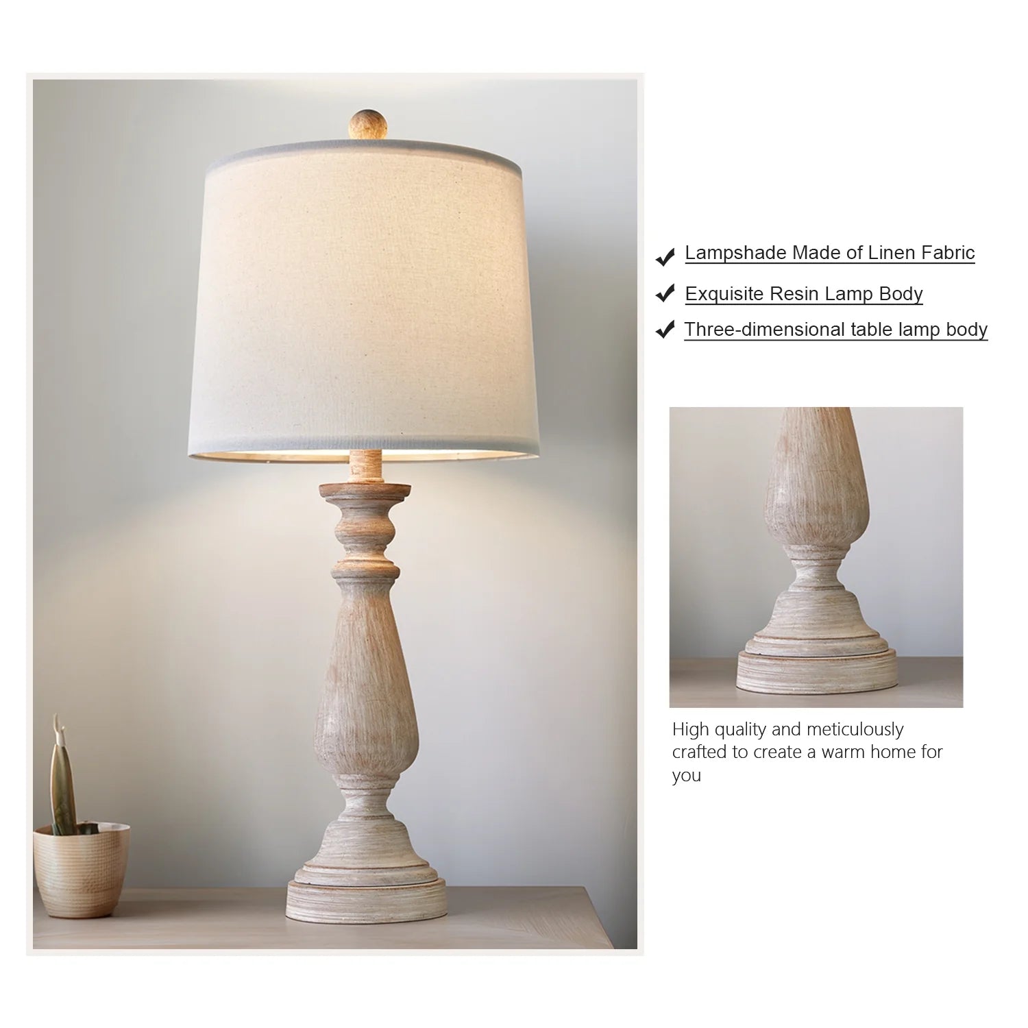 Resin Table Lamp Set of 2 24.5" Farmhouse Bedside Nightstand Lamps for Living Room Bedroom