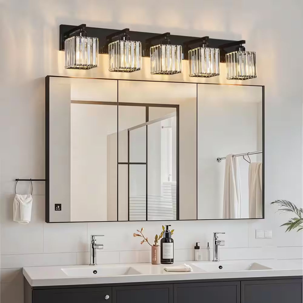 Home Lighting 36.22 In. 5-Light Plating Black Crystal Modern Bathroom Vanity Light Bathroom Wall Light Fixtures