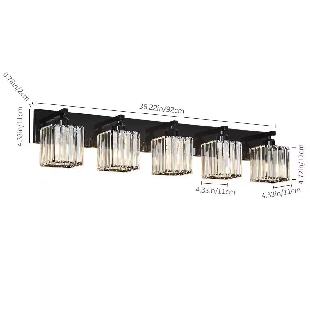 Home Lighting 36.22 In. 5-Light Plating Black Crystal Modern Bathroom Vanity Light Bathroom Wall Light Fixtures