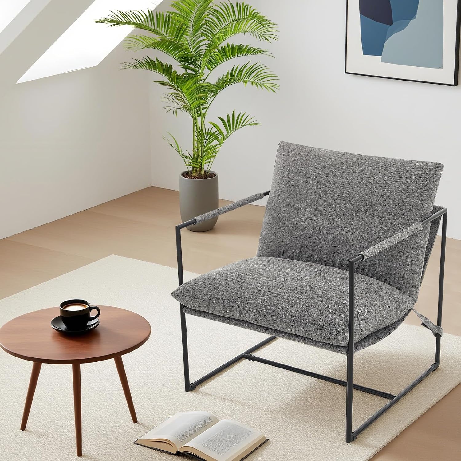 Sling Accent Chair for Living Room, Modern Metal Framed Cozy Armchair, Upholstered Living Room Chairs with Shredded Foam Cushioning, Lounge Chair for Bedroom, Living Room, Reading Room, Grey