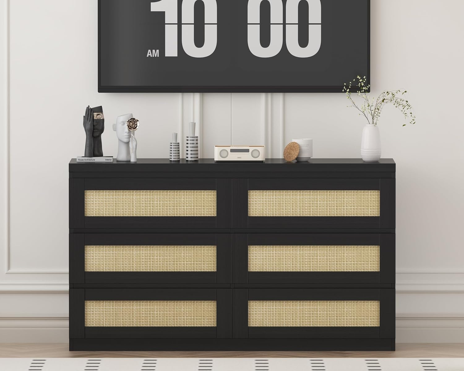Rattan Dresser for Bedroom, Modern 6 Drawer Double Dresser for Bedroom, Wide Wood Chest of Drawers for Bedroom, Living Room, Hallway, Black