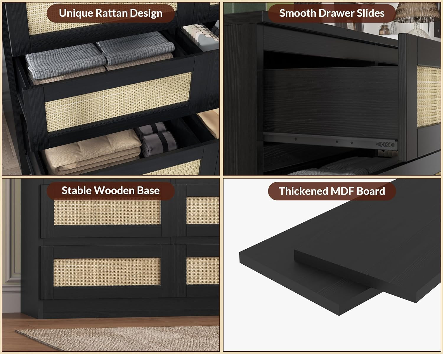 Rattan Dresser for Bedroom, Modern 6 Drawer Double Dresser for Bedroom, Wide Wood Chest of Drawers for Bedroom, Living Room, Hallway, Black