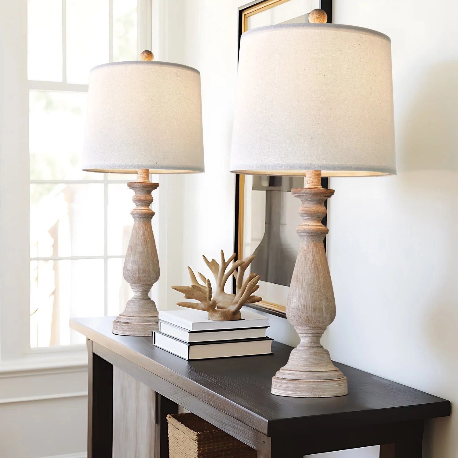 Resin Table Lamp Set of 2 24.5" Farmhouse Bedside Nightstand Lamps for Living Room Bedroom