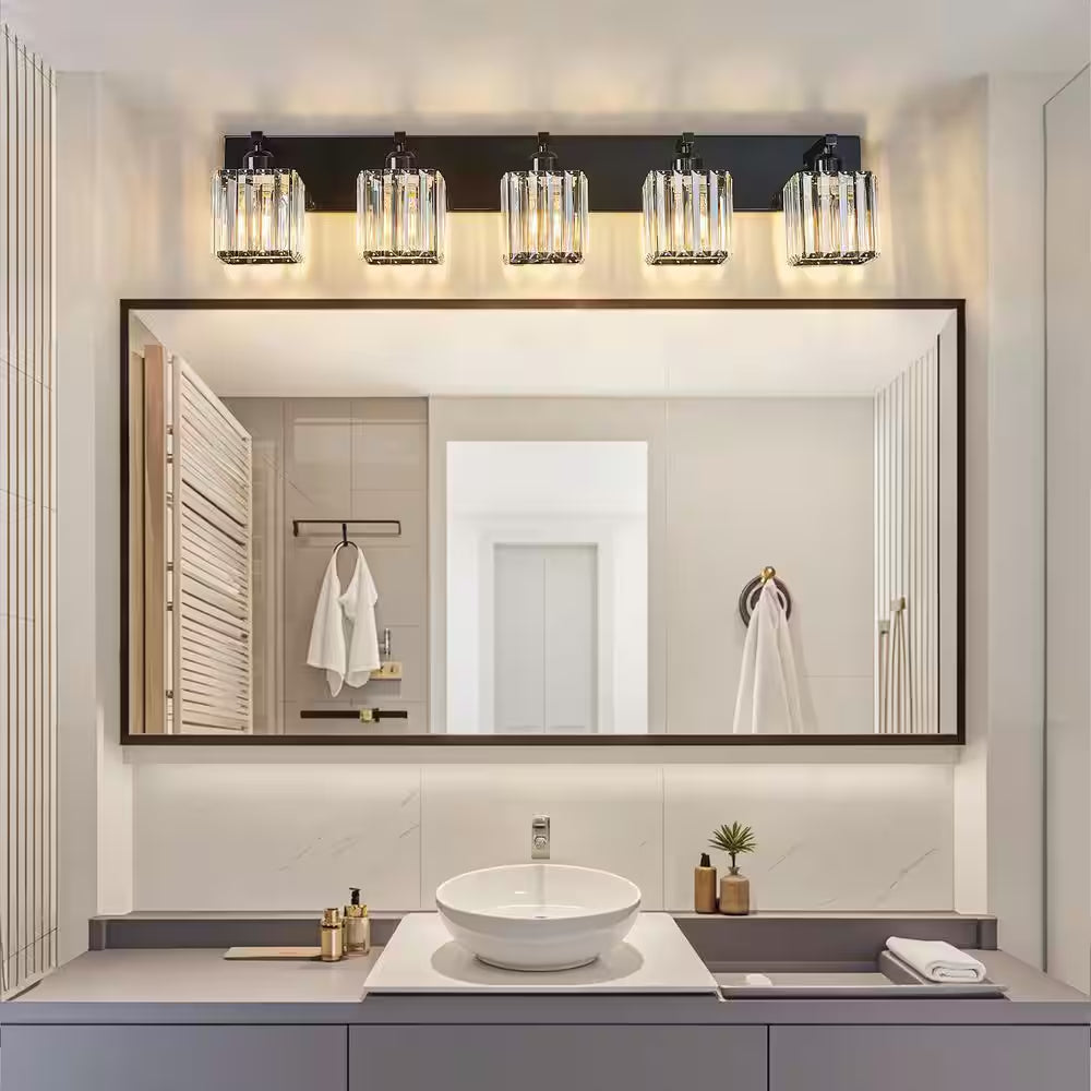 Home Lighting 36.22 In. 5-Light Plating Black Crystal Modern Bathroom Vanity Light Bathroom Wall Light Fixtures