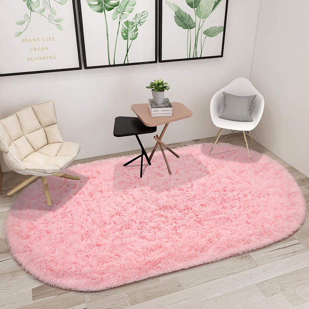 Oval Fluffy Area Rugs for Bedroom Plush Shaggy Carpet for Kids Room Bedside Nursery Mats, 2.6' X 5.3',Pink