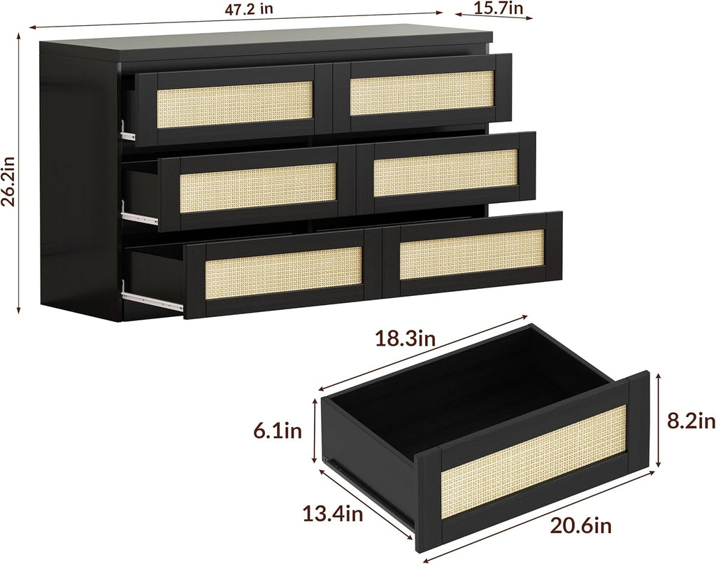 Rattan Dresser for Bedroom, Modern 6 Drawer Double Dresser for Bedroom, Wide Wood Chest of Drawers for Bedroom, Living Room, Hallway, Black