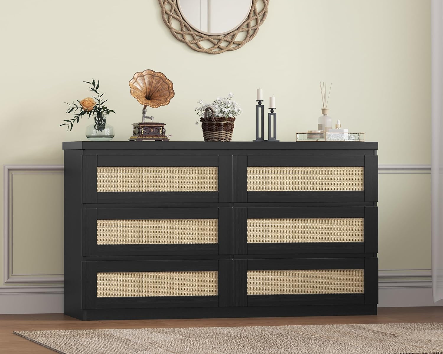 Rattan Dresser for Bedroom, Modern 6 Drawer Double Dresser for Bedroom, Wide Wood Chest of Drawers for Bedroom, Living Room, Hallway, Black
