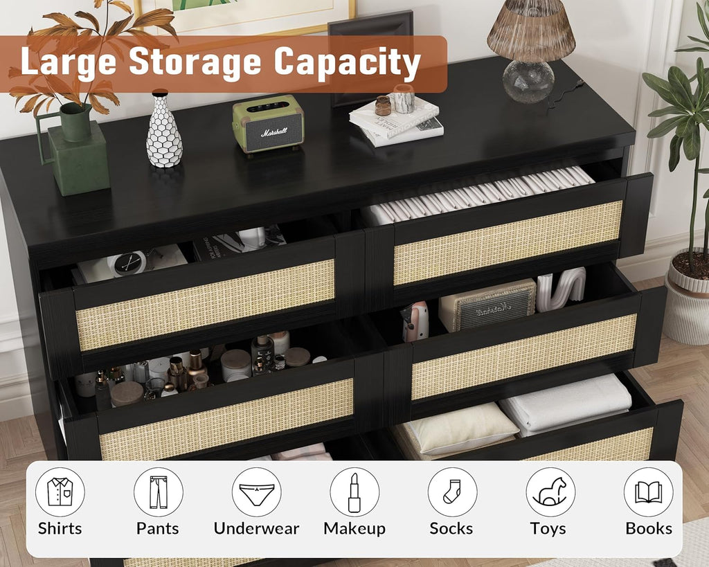 Rattan Dresser for Bedroom, Modern 6 Drawer Double Dresser for Bedroom, Wide Wood Chest of Drawers for Bedroom, Living Room, Hallway, Black