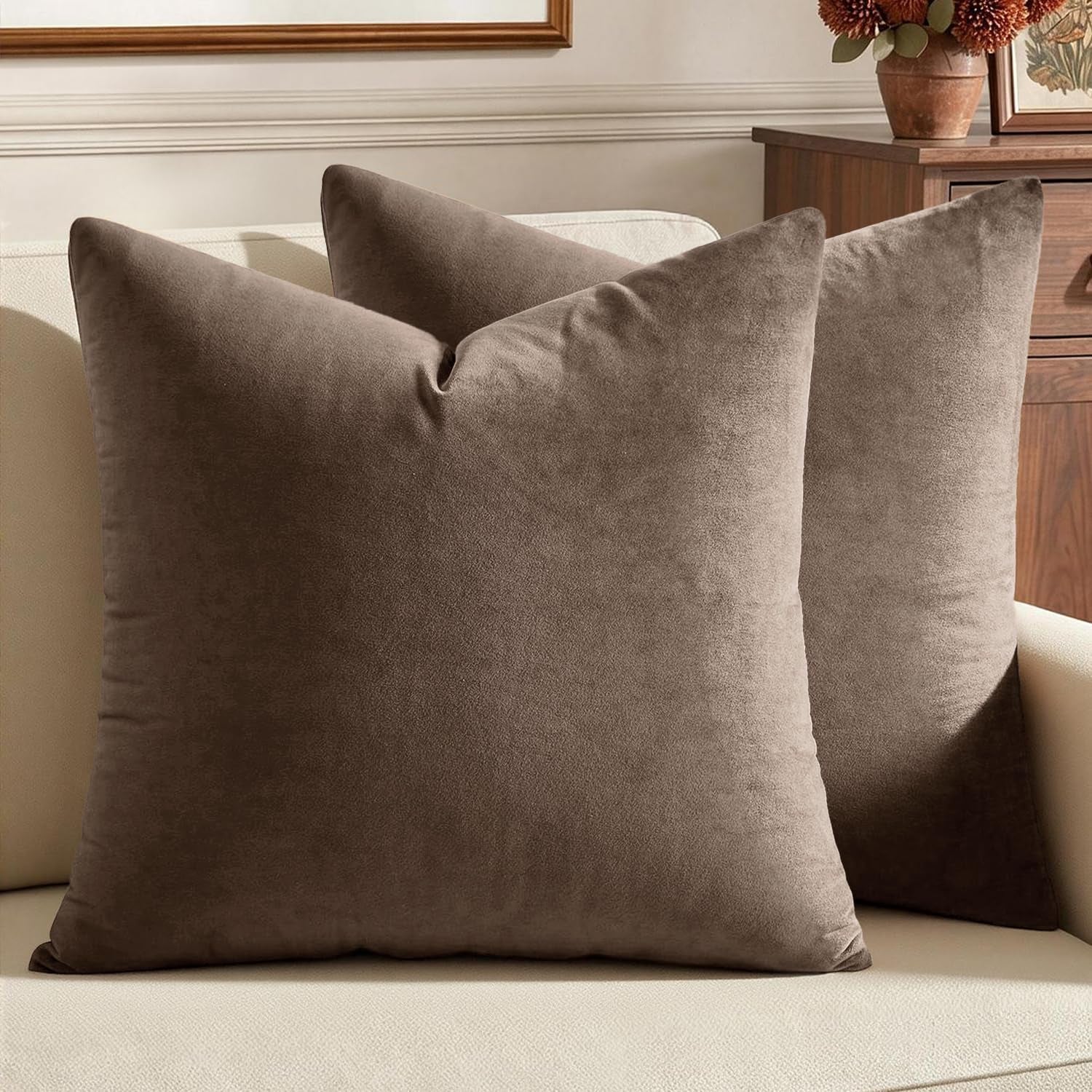 Velvet Throw Pillow Covers 18X18 Inch, Pack of 2 - Coffee, Super Soft Decorative Square Cushion Cases Modern Luxury Home Decor for Sofa,Couch,Bed,Chair