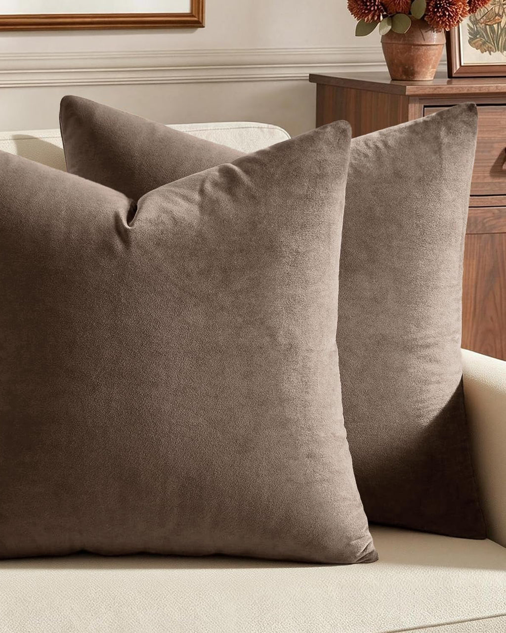 Velvet Throw Pillow Covers 18X18 Inch, Pack of 2 - Coffee, Super Soft Decorative Square Cushion Cases Modern Luxury Home Decor for Sofa,Couch,Bed,Chair