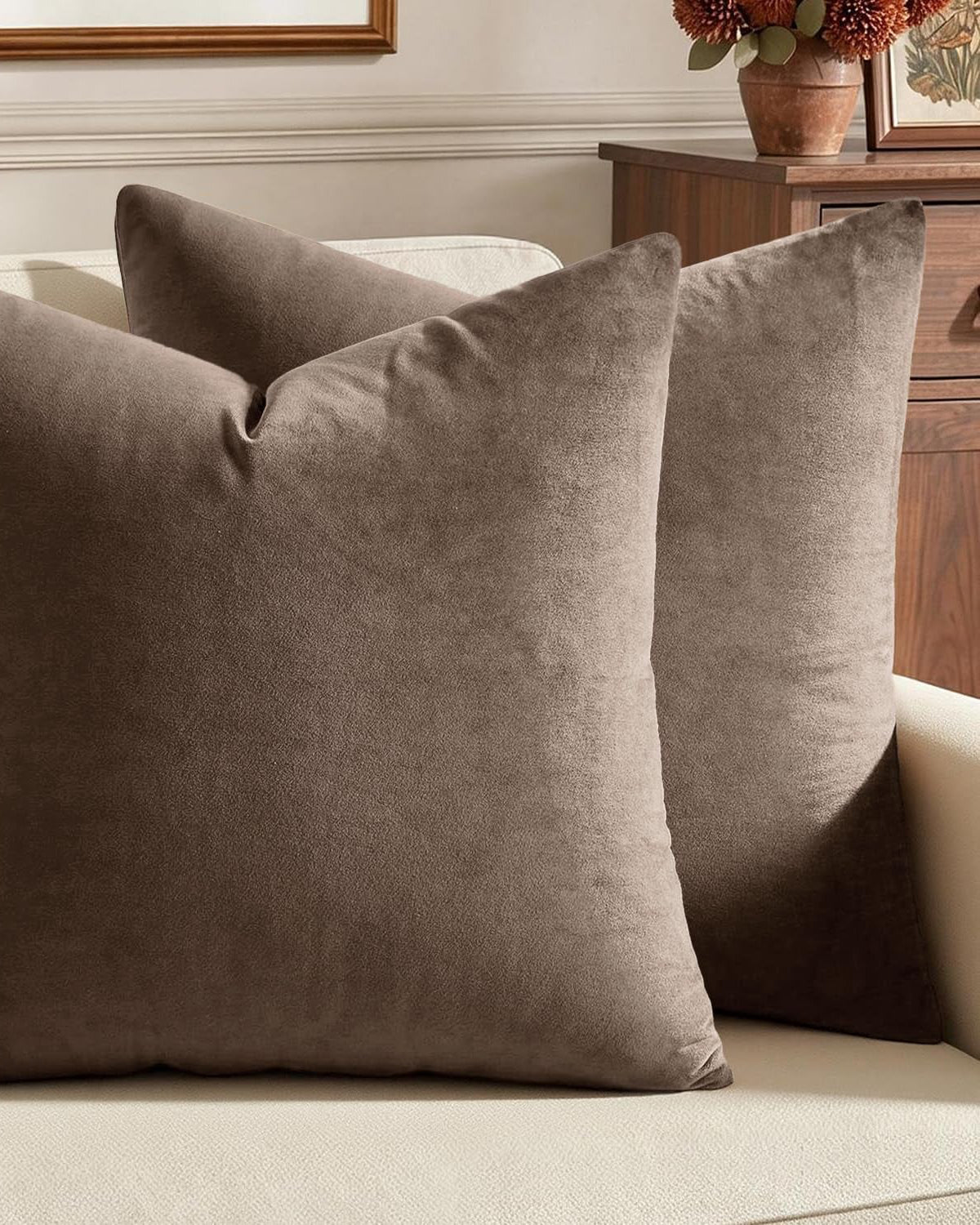Velvet Throw Pillow Covers 18X18 Inch, Pack of 2 - Coffee, Super Soft Decorative Square Cushion Cases Modern Luxury Home Decor for Sofa,Couch,Bed,Chair