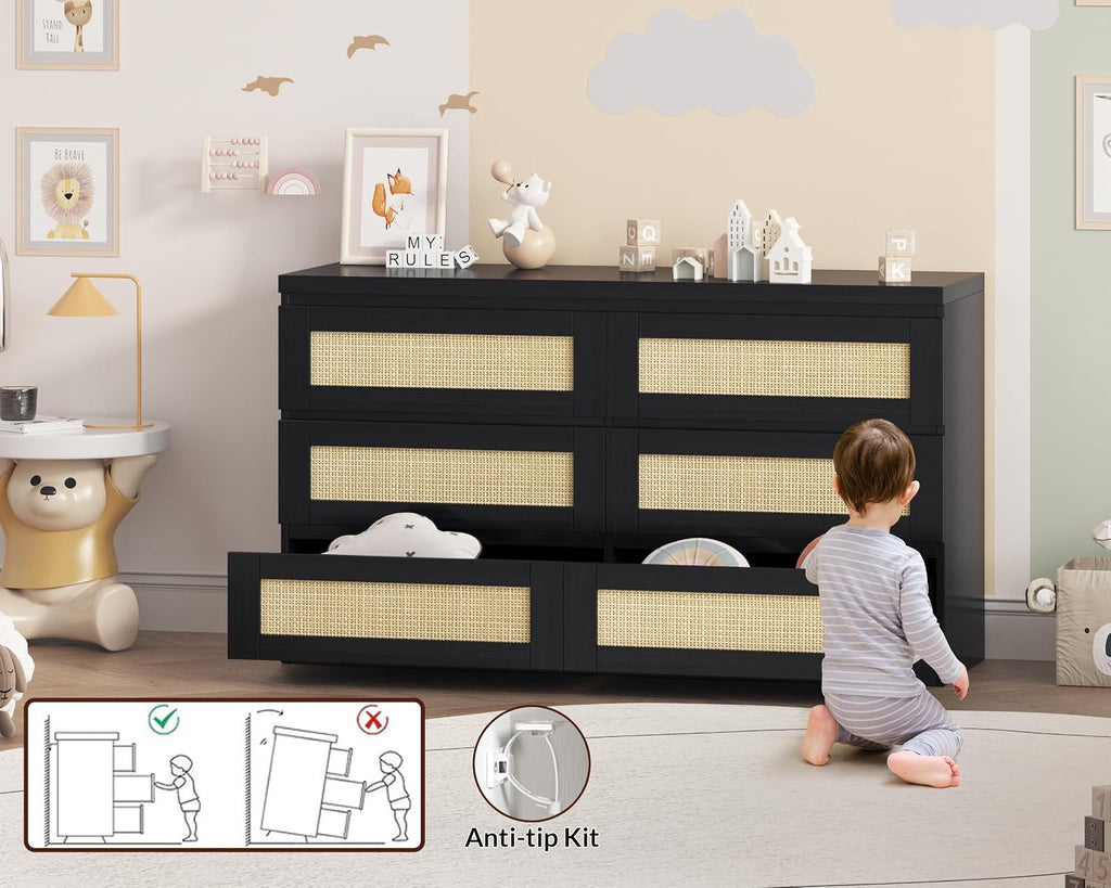 Rattan Dresser for Bedroom, Modern 6 Drawer Double Dresser for Bedroom, Wide Wood Chest of Drawers for Bedroom, Living Room, Hallway, Black