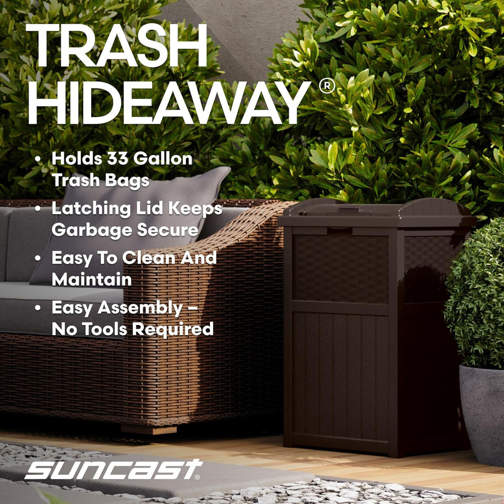 Suncast 33 Gallon Commercial Outdoor Trashcan Hideaway with Lid for 30 to 33 Gallon Trash Bags for Garage, Backyard, or Garden, Brown