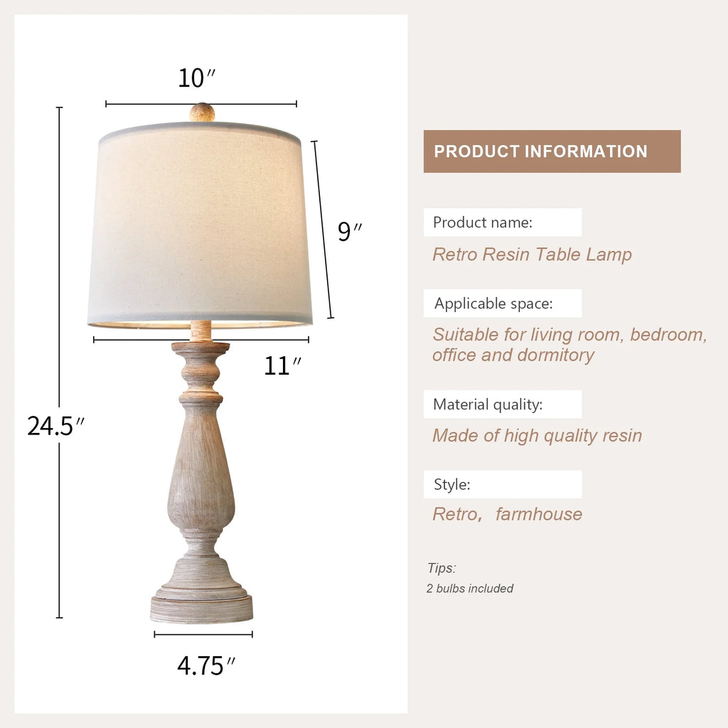 Resin Table Lamp Set of 2 24.5" Farmhouse Bedside Nightstand Lamps for Living Room Bedroom