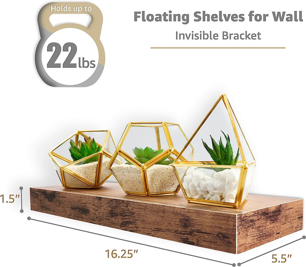 Floating Shelves for Wall – 16 Inch Floating Shelf for Kitchen, Bedroom, Living Room, Bathroom, Home & Wall Decor - Mounted Bathroom Shelves with Invisible Brackets (Mahogany, 3 Pack)