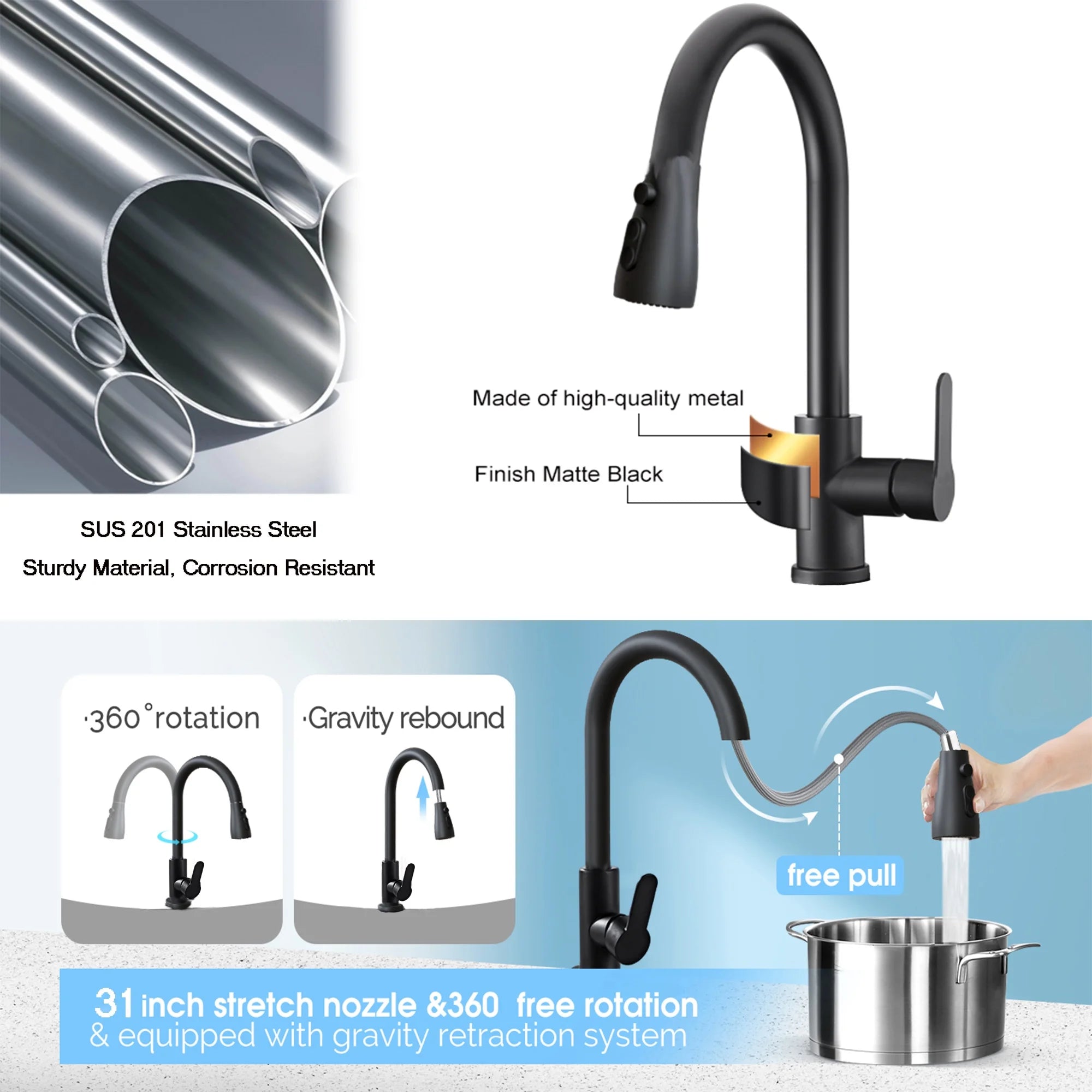 Kitchen Faucets-Kitchen Sink Faucet -Kitchen Faucet with Pull down Sprayer-Stainless Steel